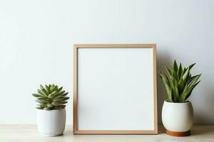 Frame mock up of blank picture standing on a shelf with succulent plant or cactus in scandinavian concept by AI Generated photo