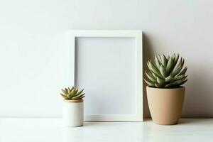 Frame mock up of blank picture standing on a shelf with succulent plant or cactus in scandinavian concept by AI Generated photo