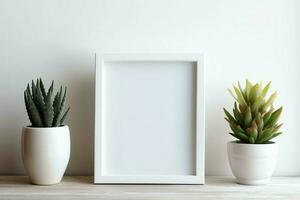 Frame mock up of blank picture standing on a shelf with succulent plant or cactus in scandinavian concept by AI Generated photo