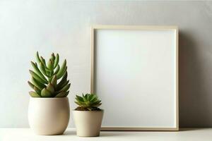 Frame mock up of blank picture standing on a shelf with succulent plant or cactus in scandinavian concept by AI Generated photo