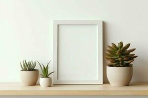 Frame mock up of blank picture standing on a shelf with succulent plant or cactus in scandinavian concept by AI Generated photo