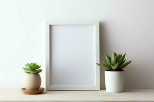 Frame mock up of blank picture standing on a shelf with succulent plant or cactus in scandinavian concept by AI Generated photo