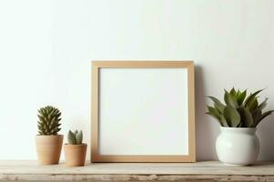 Frame mock up of blank picture standing on a shelf with succulent plant or cactus in scandinavian concept by AI Generated photo