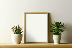 Frame mock up of blank picture standing on a shelf with succulent plant or cactus in scandinavian concept by AI Generated photo