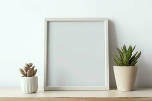 Frame mock up of blank picture standing on a shelf with succulent plant or cactus in scandinavian concept by AI Generated photo