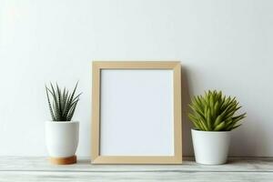 Frame mock up of blank picture standing on a shelf with succulent plant or cactus in scandinavian concept by AI Generated photo