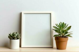 Frame mock up of blank picture standing on a shelf with succulent plant or cactus in scandinavian concept by AI Generated photo