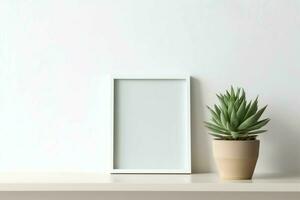 Frame mock up of blank picture standing on a shelf with succulent plant or cactus in scandinavian concept by AI Generated photo