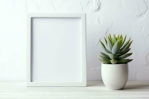 Frame mock up of blank picture standing on a shelf with succulent plant or cactus in scandinavian concept by AI Generated photo