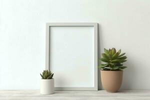 Frame mock up of blank picture standing on a shelf with succulent plant or cactus in scandinavian concept by AI Generated photo