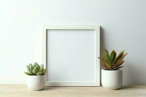 Frame mock up of blank picture standing on a shelf with succulent plant or cactus in scandinavian concept by AI Generated photo