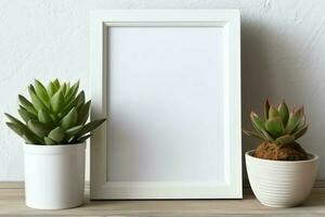 Frame mock up of blank picture standing on a shelf with succulent plant or cactus in scandinavian concept by AI Generated photo