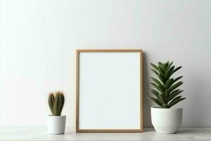 Frame mock up of blank picture standing on a shelf with succulent plant or cactus in scandinavian concept by AI Generated photo