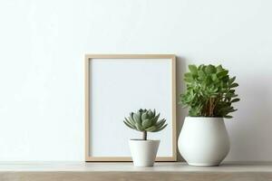 Frame mock up of blank picture standing on a shelf with succulent plant or cactus in scandinavian concept by AI Generated photo