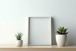 Frame mock up of blank picture standing on a shelf with succulent plant or cactus in scandinavian concept by AI Generated photo