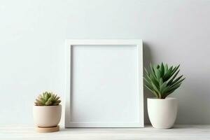 Frame mock up of blank picture standing on a shelf with succulent plant or cactus in scandinavian concept by AI Generated photo