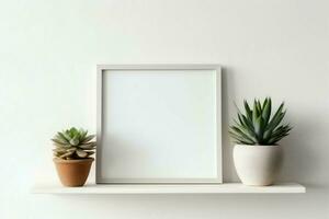 Frame mock up of blank picture standing on a shelf with succulent plant or cactus in scandinavian concept by AI Generated photo