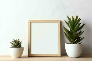 Frame mock up of blank picture standing on a shelf with succulent plant or cactus in scandinavian concept by AI Generated photo