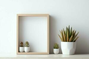 Frame mock up of blank picture standing on a shelf with succulent plant or cactus in scandinavian concept by AI Generated photo