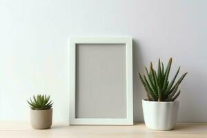 Frame mock up of blank picture standing on a shelf with succulent plant or cactus in scandinavian concept by AI Generated photo