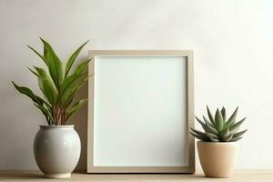 Frame mock up of blank picture standing on a shelf with succulent plant or cactus in scandinavian concept by AI Generated photo