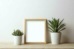 Frame mock up of blank picture standing on a shelf with succulent plant or cactus in scandinavian concept by AI Generated photo