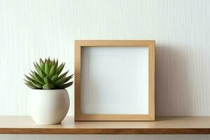 Frame mock up of blank picture standing on a shelf with succulent plant or cactus in scandinavian concept by AI Generated photo