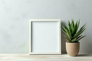 Frame mock up of blank picture standing on a shelf with succulent plant or cactus in scandinavian concept by AI Generated photo