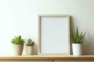 Frame mock up of blank picture standing on a shelf with succulent plant or cactus in scandinavian concept by AI Generated photo