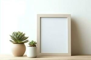 Frame mock up of blank picture standing on a shelf with succulent plant or cactus in scandinavian concept by AI Generated photo