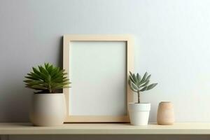 Frame mock up of blank picture standing on a shelf with succulent plant or cactus in scandinavian concept by AI Generated photo