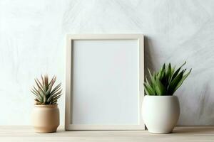 Frame mock up of blank picture standing on a shelf with succulent plant or cactus in scandinavian concept by AI Generated photo