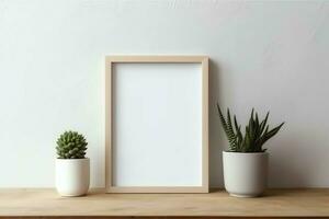 Frame mock up of blank picture standing on a shelf with succulent plant or cactus in scandinavian concept by AI Generated photo