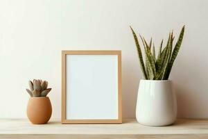 Frame mock up of blank picture standing on a shelf with succulent plant or cactus in scandinavian concept by AI Generated photo