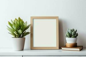 Frame mock up of blank picture standing on a shelf with succulent plant or cactus in scandinavian concept by AI Generated photo