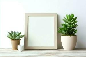 Frame mock up of blank picture standing on a shelf with succulent plant or cactus in scandinavian concept by AI Generated photo