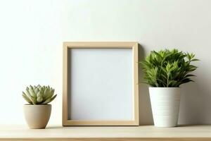 Frame mock up of blank picture standing on a shelf with succulent plant or cactus in scandinavian concept by AI Generated photo