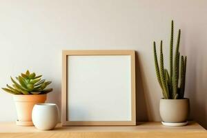 Frame mock up of blank picture standing on a shelf with succulent plant or cactus in scandinavian concept by AI Generated photo