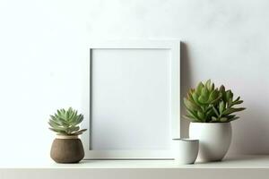 Frame mock up of blank picture standing on a shelf with succulent plant or cactus in scandinavian concept by AI Generated photo