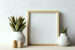 Frame mock up of blank picture standing on a shelf with succulent plant or cactus in scandinavian concept by AI Generated photo