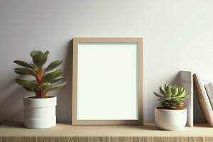 Frame mock up of blank picture standing on a shelf with succulent plant or cactus in scandinavian concept by AI Generated photo