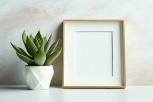 Frame mock up of blank picture standing on a shelf with succulent plant or cactus in scandinavian concept by AI Generated photo