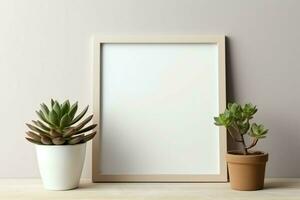 Frame mock up of blank picture standing on a shelf with succulent plant or cactus in scandinavian concept by AI Generated photo