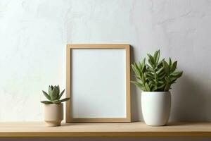 Frame mock up of blank picture standing on a shelf with succulent plant or cactus in scandinavian concept by AI Generated photo