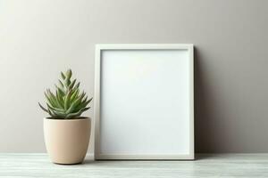 Frame mock up of blank picture standing on a shelf with succulent plant or cactus in scandinavian concept by AI Generated photo