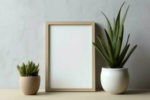 Frame mock up of blank picture standing on a shelf with succulent plant or cactus in scandinavian concept by AI Generated photo