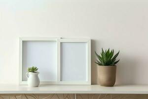 Frame mock up of blank picture standing on a shelf with succulent plant or cactus in scandinavian concept by AI Generated photo