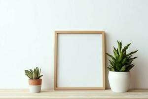 Frame mock up of blank picture standing on a shelf with succulent plant or cactus in scandinavian concept by AI Generated photo