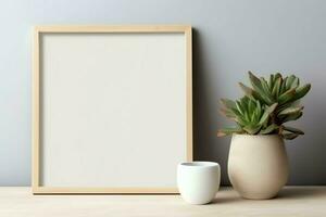 Frame mock up of blank picture standing on a shelf with succulent plant or cactus in scandinavian concept by AI Generated photo