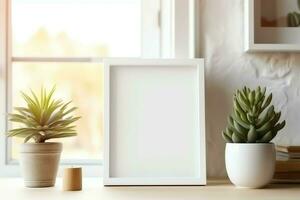 Frame mock up of blank picture standing on a shelf with succulent plant or cactus in scandinavian concept by AI Generated photo